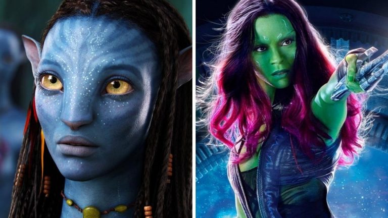 Image of Zoe Saldana's characters in Avatar and Guardians of the Galaxy.