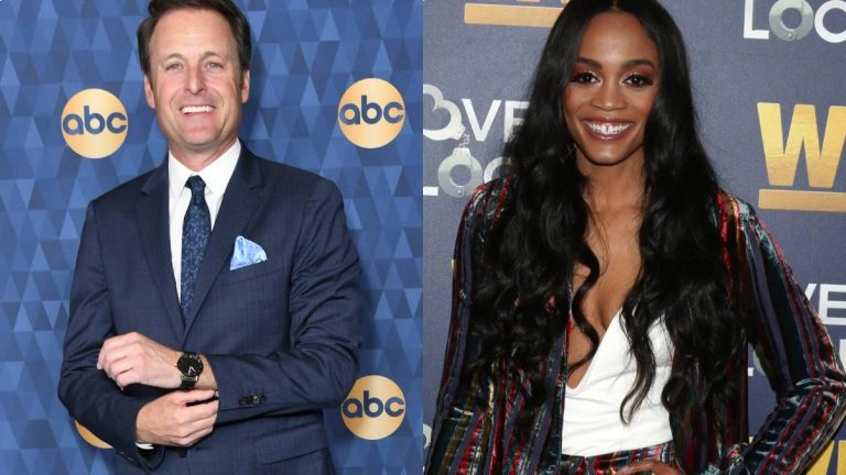 Chris Harrison and Rachel Lindsay pose on the red carpet.