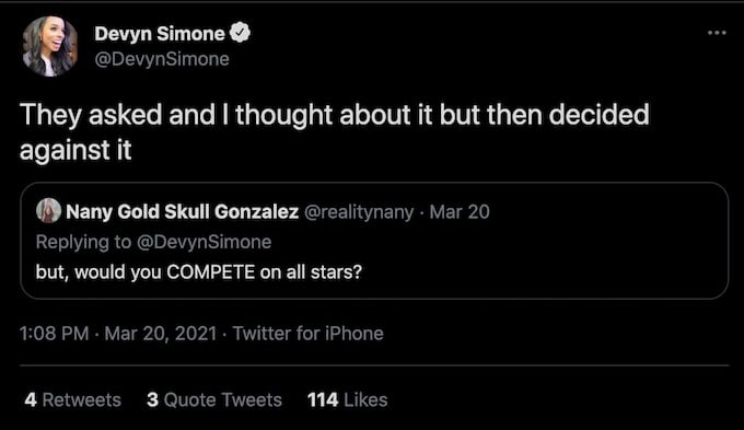devyn simone tweet reply to fan about all stars season