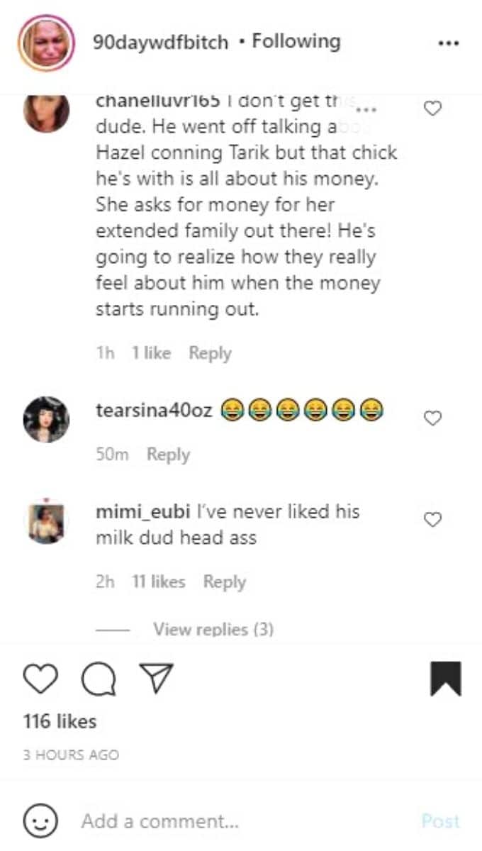 Instagram commentors hating on Dean from 90 Day