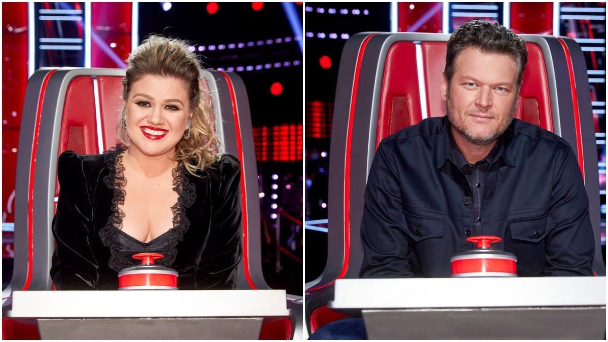 Kelly Clarkson and Blake Shelton appear on NBC's The Voice.