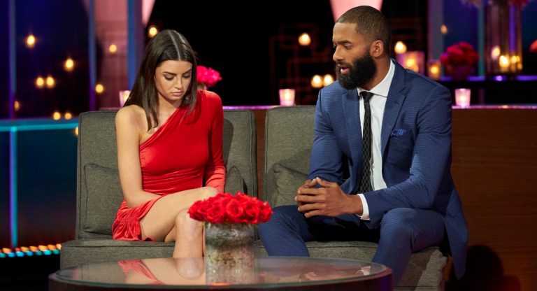 Rachael Kirkconnell and Matt James on the set of The Bachelor After the Final Rose.