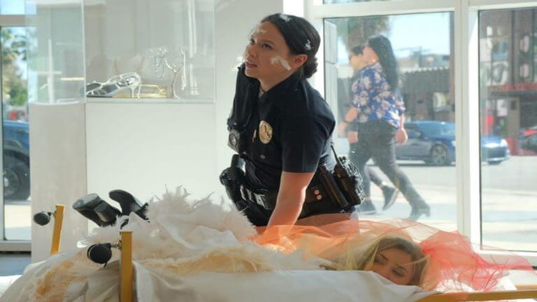 Melissa O'Neil as Lucy Chen on the set of The Rookie