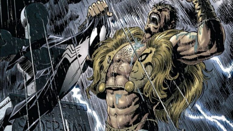 Kraven the Hunter roaring while holding Spider-Man's costume