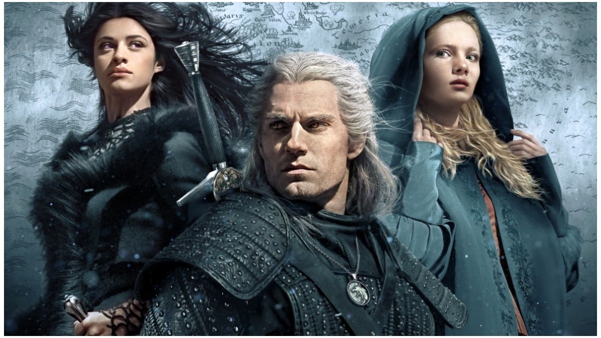 Season 1 poster for Netflix's The Witcher featuring Anya Chalotra as Yennefer of Vengerberg, Henry Cavill as Geralt of Rivia, and Freya Allan as Ciri