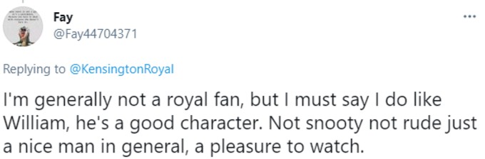 Twitter user praises William's "character"