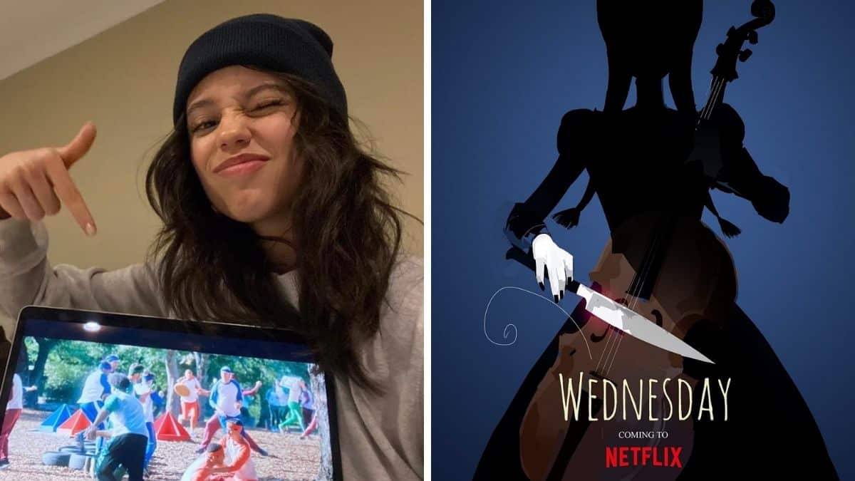 Image of Jenna Ortega and the Wednesday production poster.