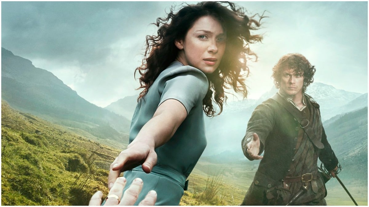 Promotional poster for Season 1 of Starz's Outlander, featuring Caitriona Balfe as Claire and Sam Heughan as Jamie Fraser