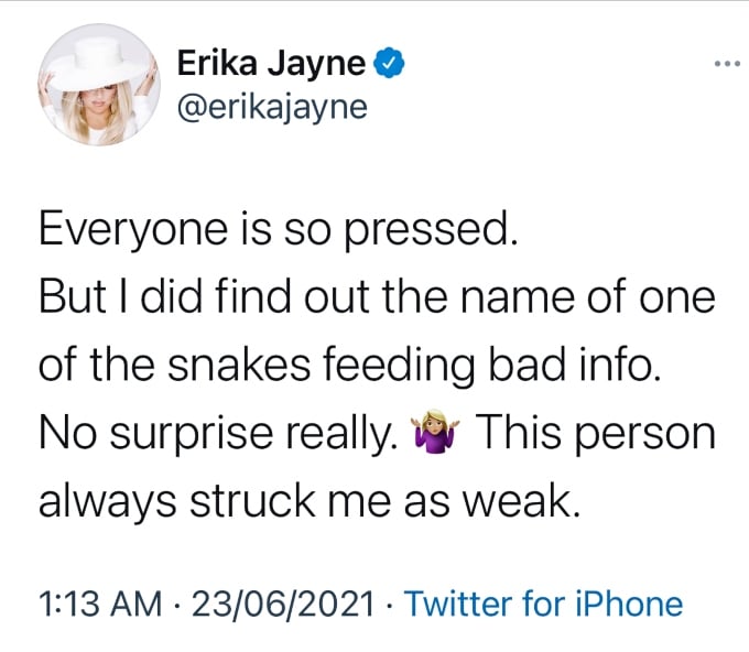 RHOBH star Erika Jayne calls out snakes feeding information to the press