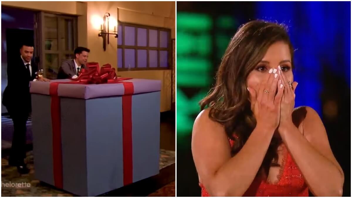 Katie Thurston meets a contestant in a gift box on The Bachelorette