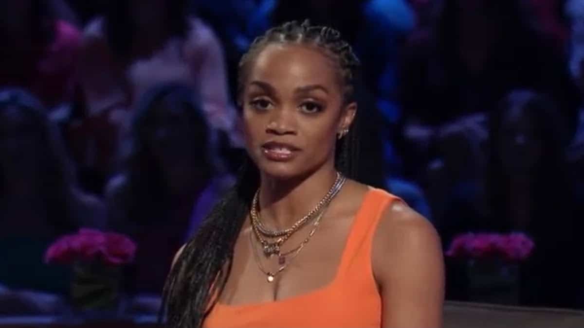 Rachel Lindsay sits and looks into the camera on The Bachelor: Women Tell All