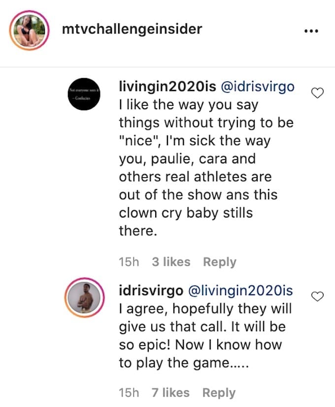 idris virgo of the challenge replies to fan about return to show