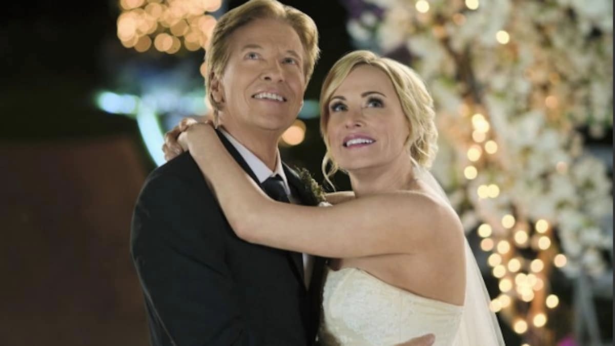 Jack Wagner and Josie Bissett in Hallmark Channel's Sealed With a Kiss.