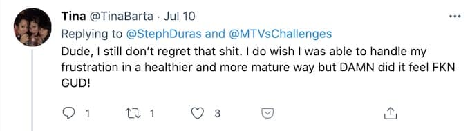 tina barta tweets reply to fan about the challenge punch
