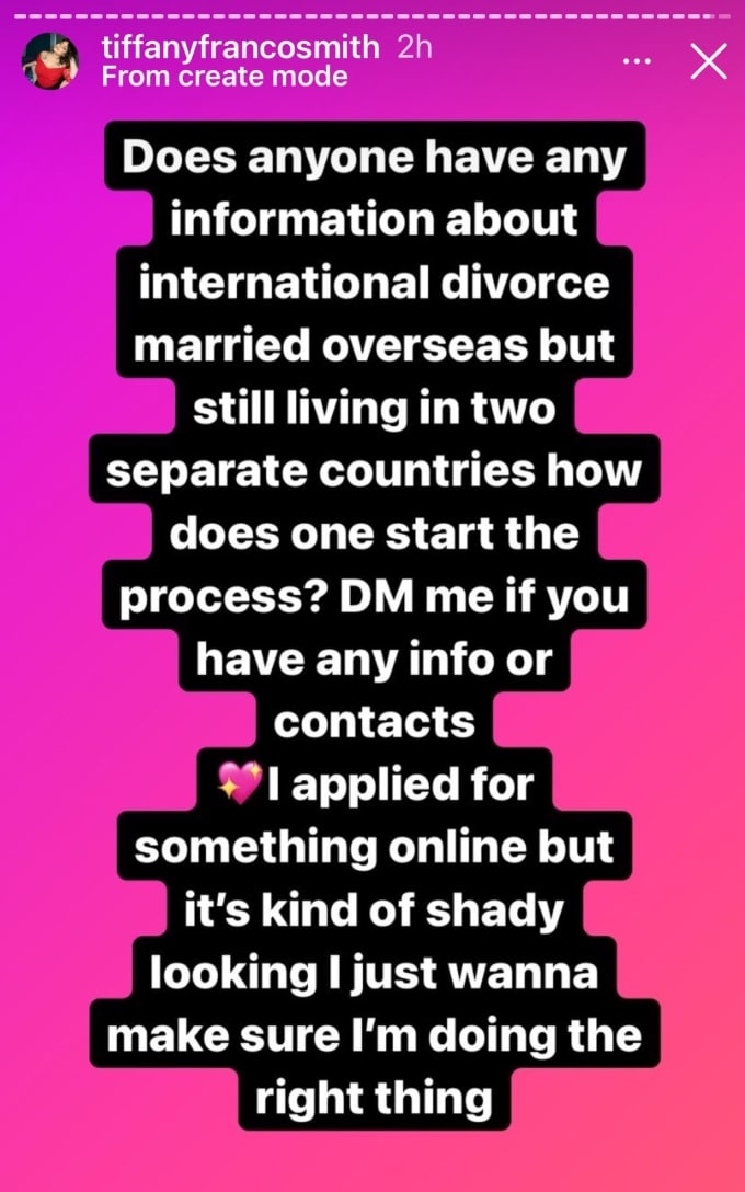 Tiffany Franco asks followers for information on international divorce 