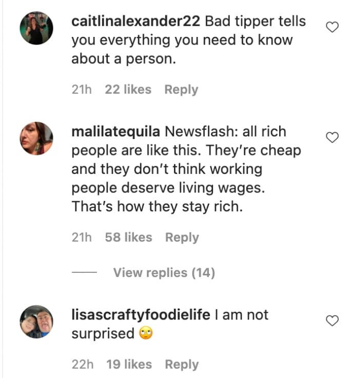 Screenshot of comments made regarding Erika Jayne's bad tipping habits.
