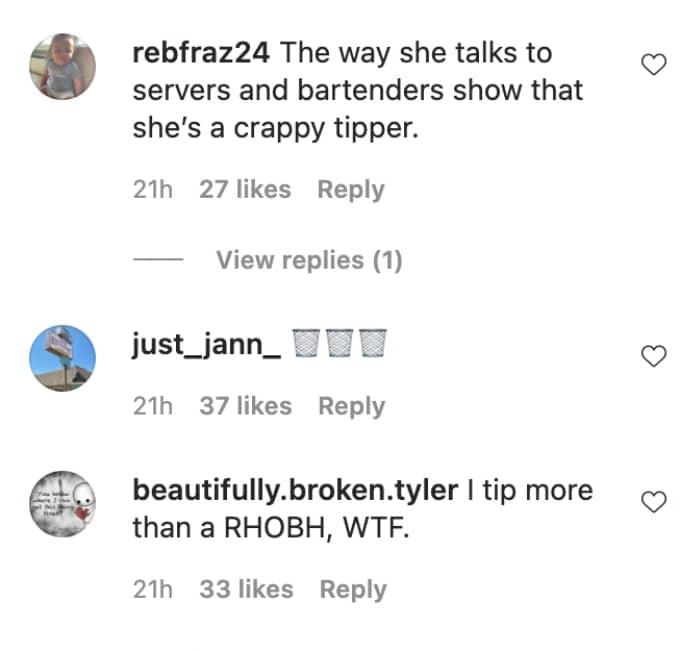 Another screenshot of comments made regarding Erika Jayne's bad tipping habits.