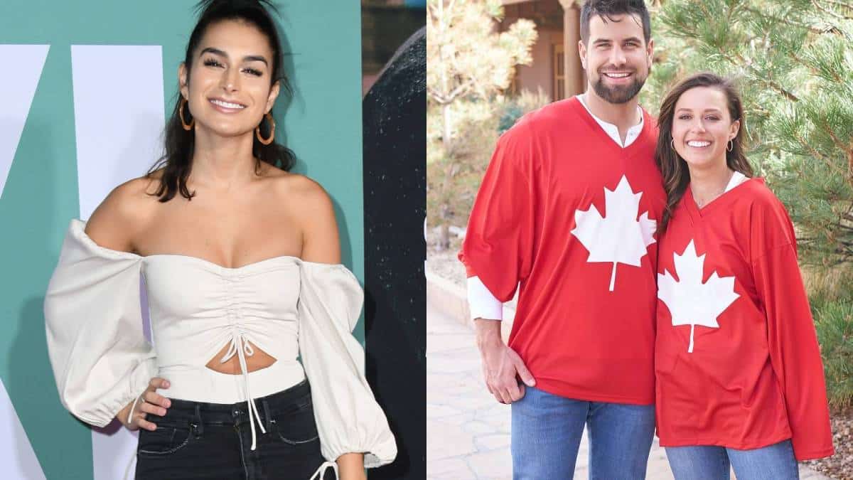 (left) Ashely Iaconetti on the red carpet (right) Blake Moynes and Katieh Thurston wear Canada shirts