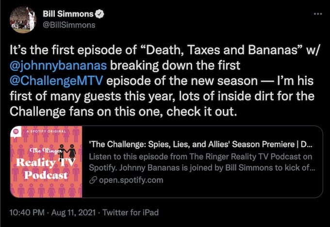 bill simmons tweets about the challenge podcast with bananas