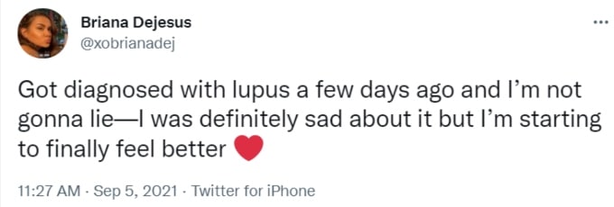 briana dejesus's tweet about her lupus diagnosis