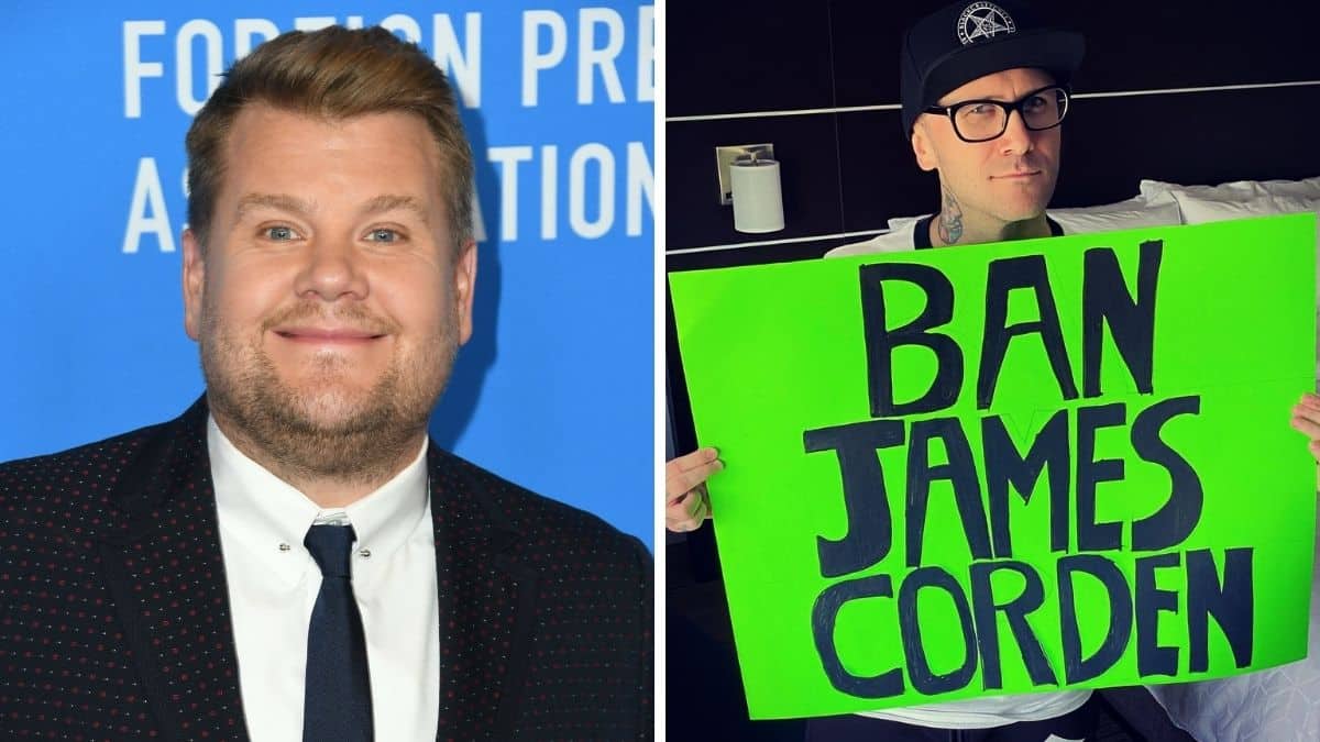 Image of James Corden and image of critic sign