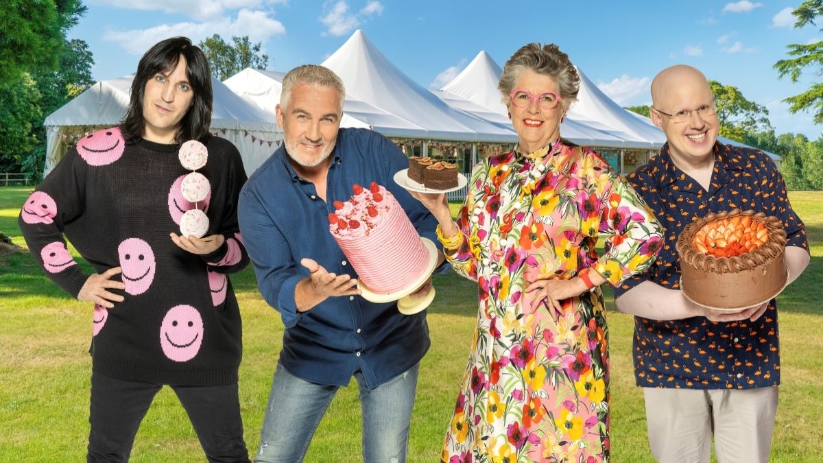 Noel Fielding, Paul Hollywood, Prue Leith, and Matt Lucas on the set of The Great British Baking Show