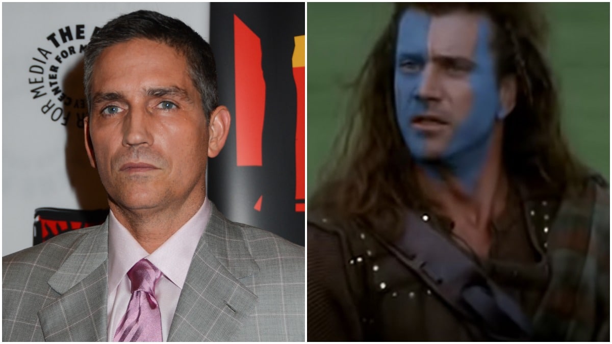 Jim Caviezel on the red carpet and Mel Gibson on the set of Braveheart
