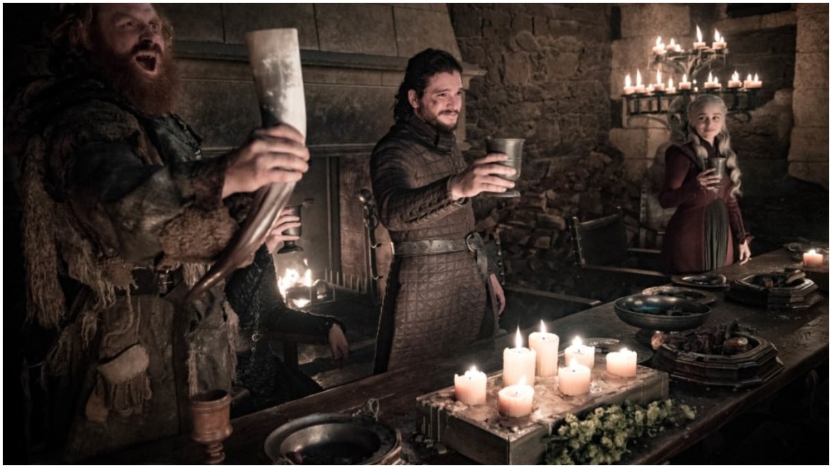 Kristofer Hivju as Tormund, Kit Harington as Jon Snow, and Emilia Clarke as Daenerys Targaryen, as seen in Episode 4 of HBO's Game of Thrones Season 8