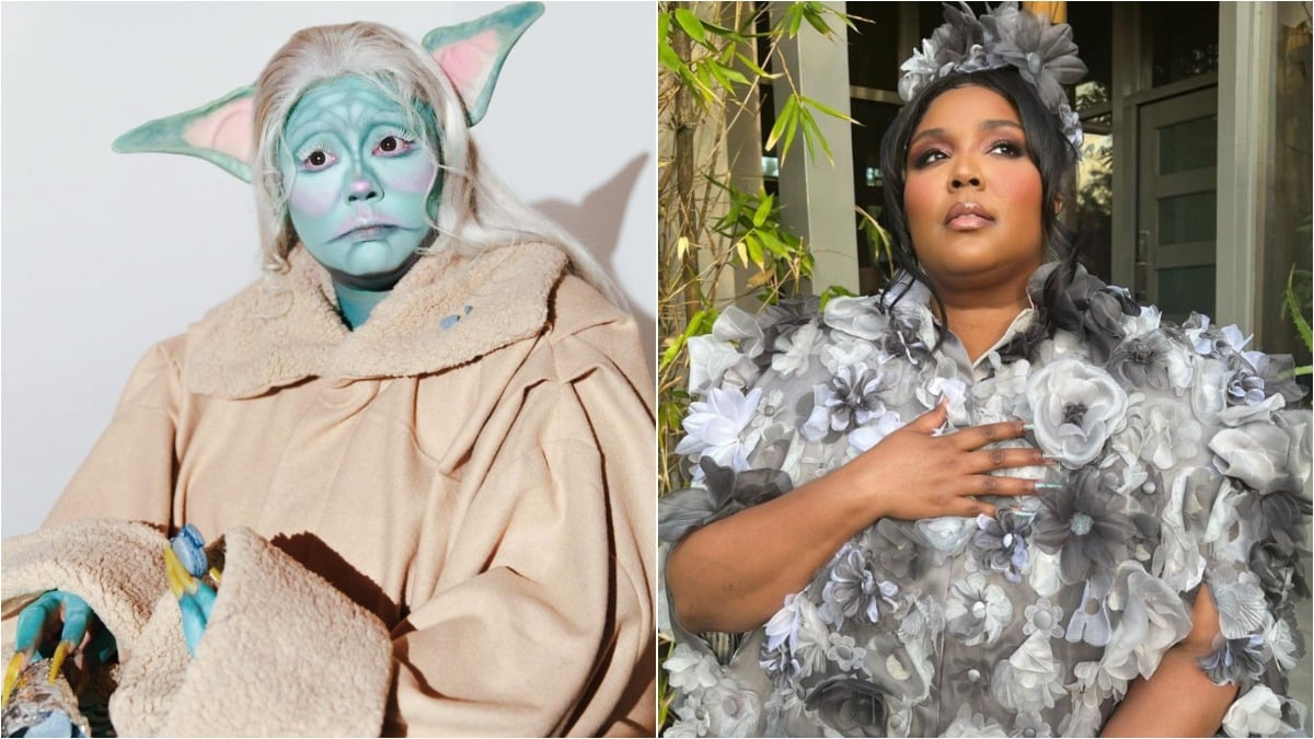 Split-screen of Lizzo in and out of costume.