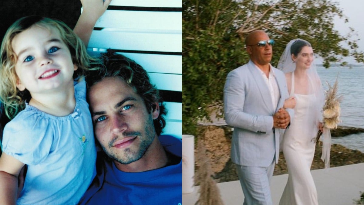 Meadow and Vin Diesel on her wedding day and Meadow as a child with Paul Walker