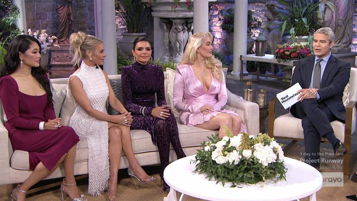 Andy Cohen warmed us up on the RHOBH Reunion, Season 11, Part 1, while Erika threw out the word "allegedly" a little too much. Pic credit: Bravo