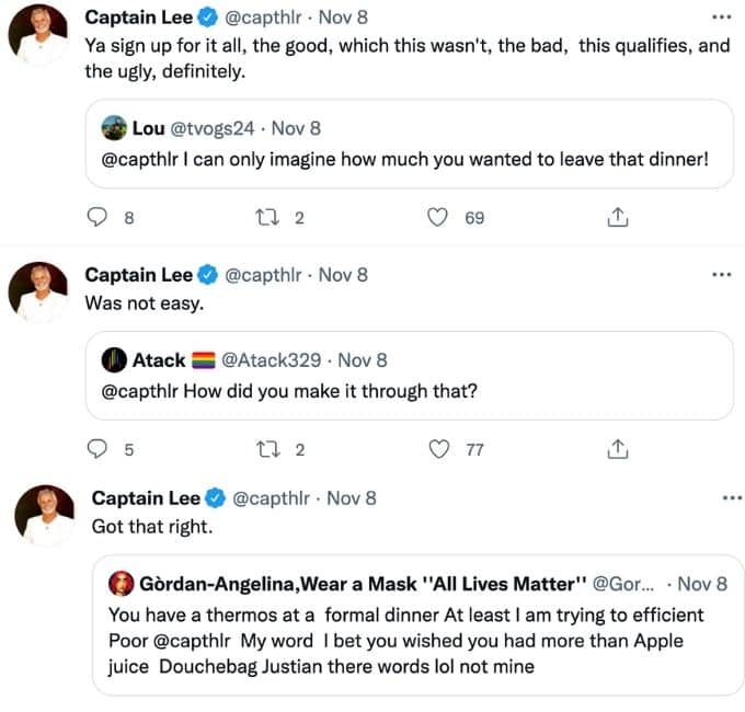 Captain Lee responds to drunk dinner guest tweet.