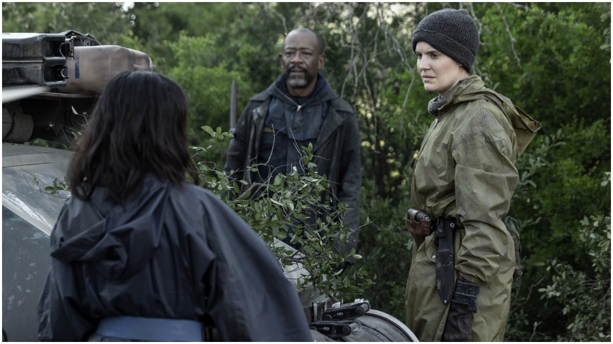 Karen David as Grace, Lennie James as Morgan, and Maggie Grace as Althea, as seen in Episode 6 of AMC's Fear the Walking Dead Season 7