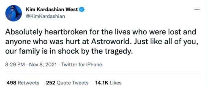 A screenshot of Kim Kardashian's tweet regarding the Astroworld Festival victims.