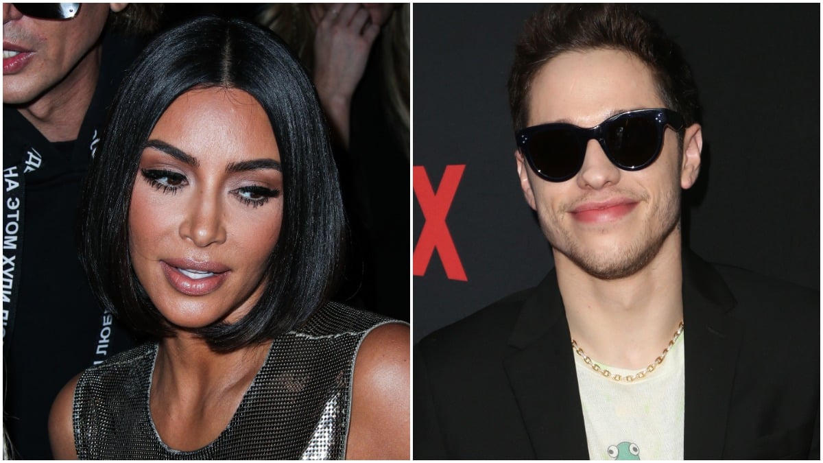 Kim Kardashian and Pete Davidson attending two different red carpet events and posing for the camera.