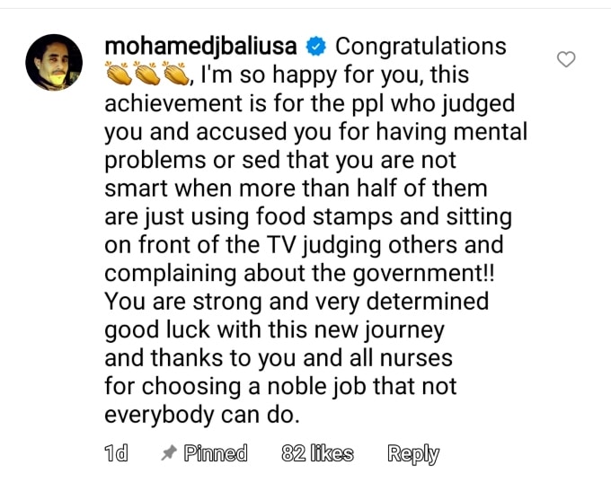 mohamed congratulated on danielle's post about graduating nursing school on instagram