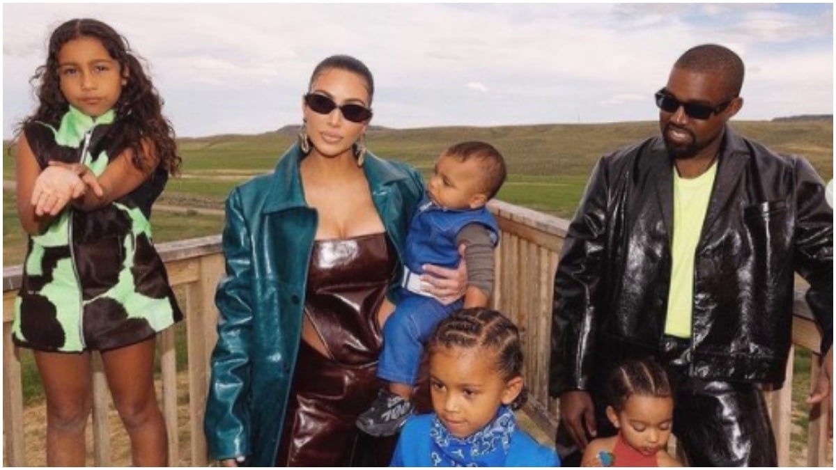 A screenshot of Kim Kardashian's Instagram post of North West, Psalm West, Saint West, Chicago West, and Kanye West.