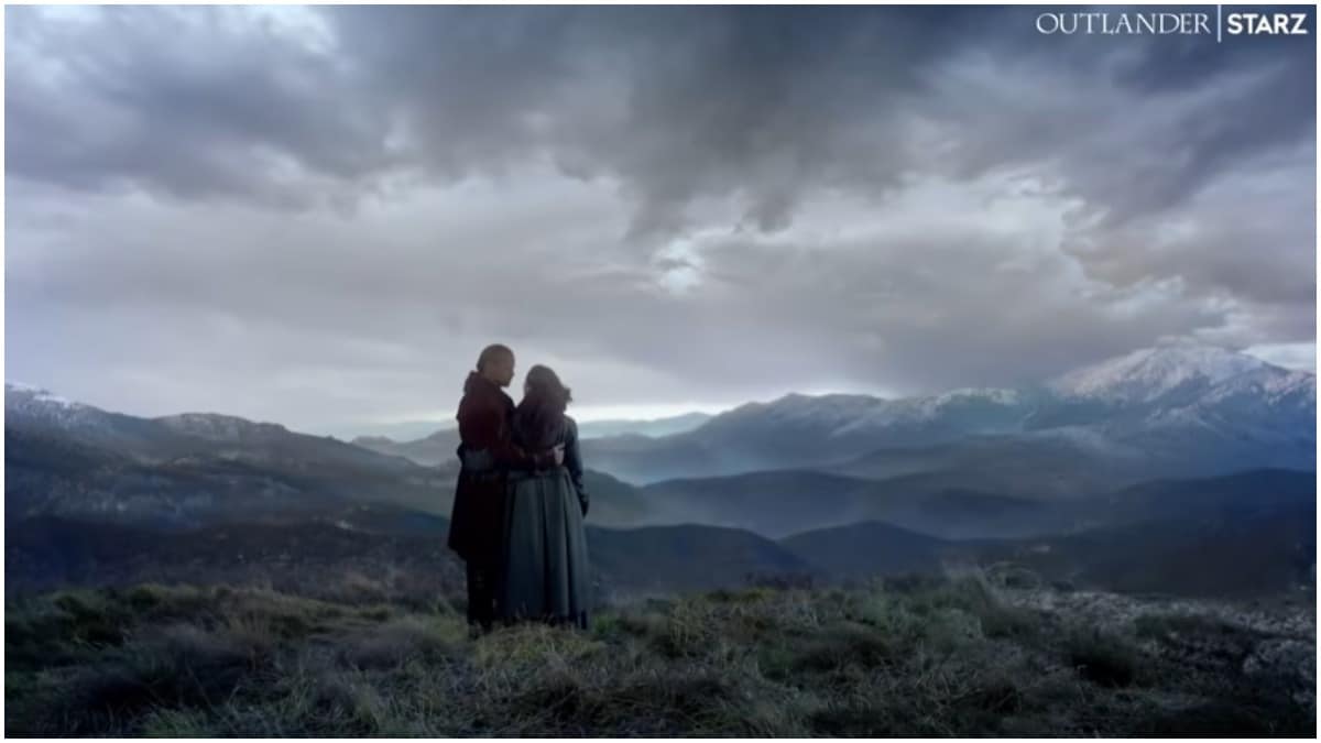 Sam Heughan as Jamie and Caitriona Balfe as Clair, as seen in the opening credits for Season 6 of Starz's Outlander