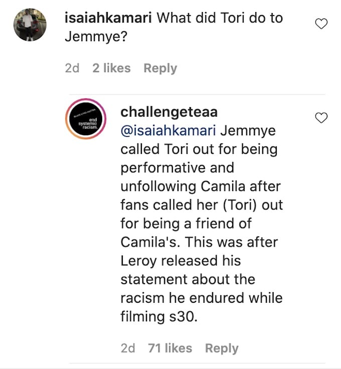 challenge fan account comments on jemmye tori situation