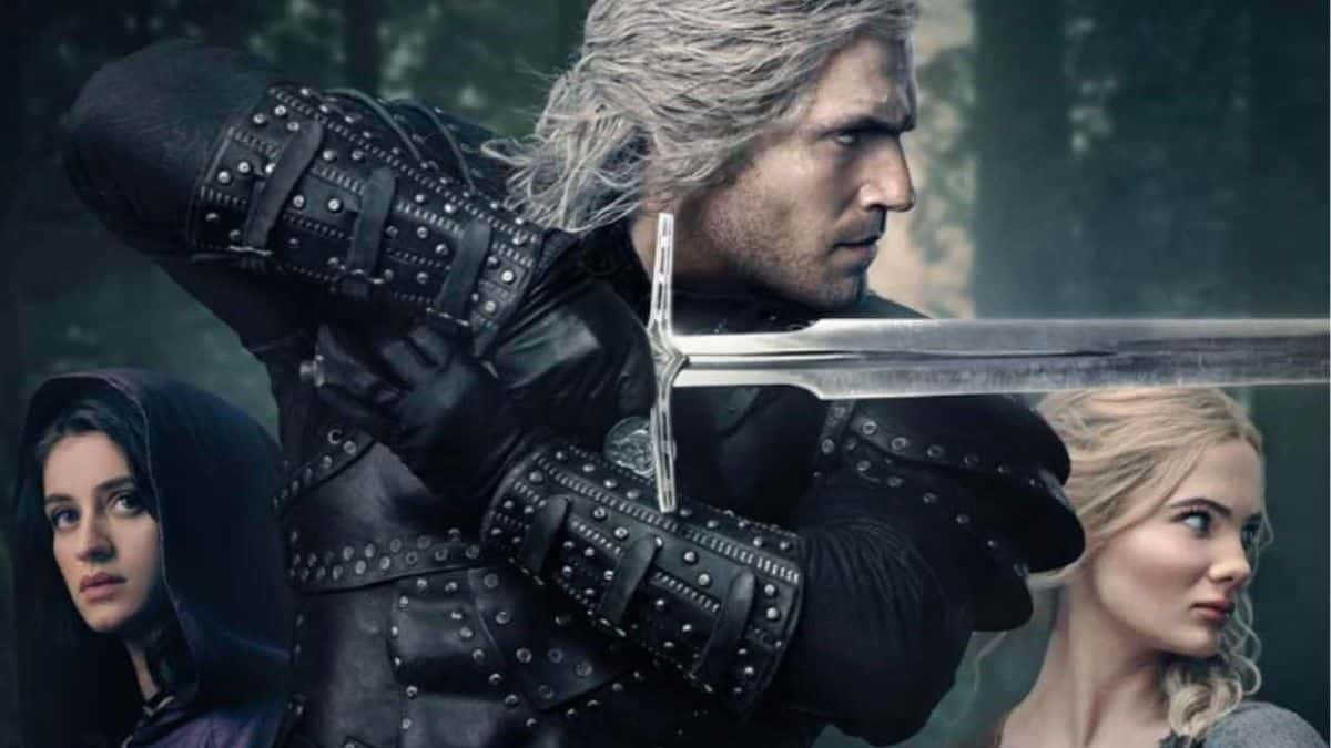 Promotional poster for Season 2 of Netflix's The Witcher featuring Anya Chalotra as Yennefer, Henry Cavill as Geralt, and Freya Allan as Ciri