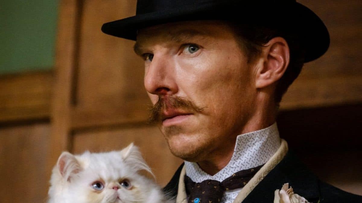 production still from the Electrical Life of Louis Wain with benedict cumberbatch holding a cat