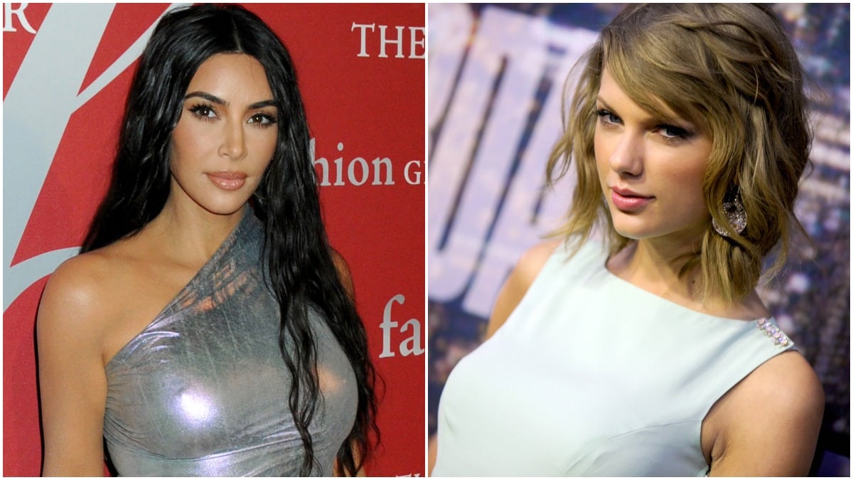 Kim Kardashian posing in a silver dress and Taylor Swift in a white dress at two separate red carpet events.