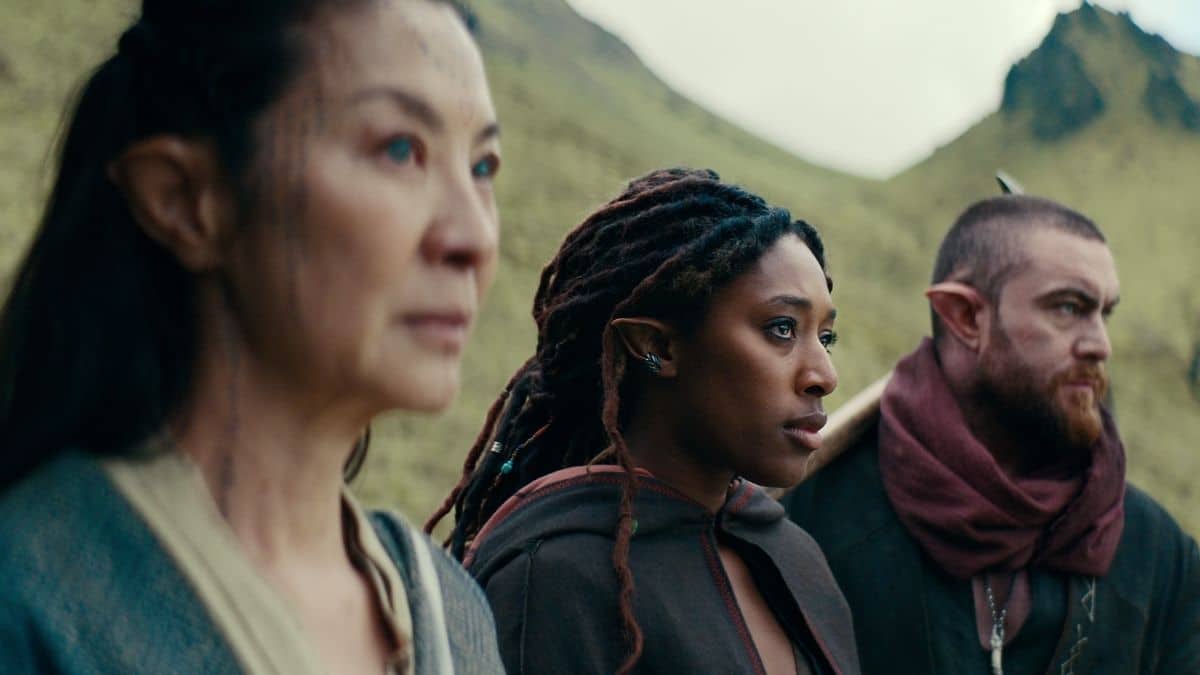 Michelle Yeoh as Scian, Sophia Brown as Eile, and Laurence O'Fuarain as Fjall, as seen in Netflix's The Witcher: Blood Origin