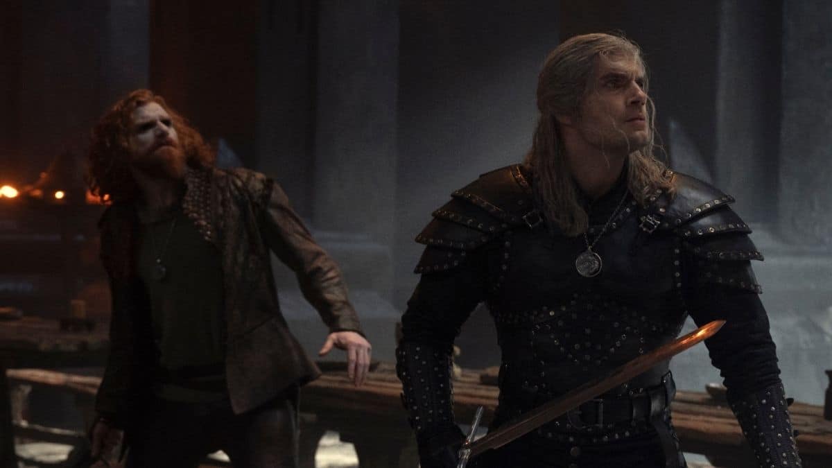 Paul Bullion as Lambert and Henry Cavill as Geralt of Rivia, as seen in Season 2 of Netflix's The Witcher