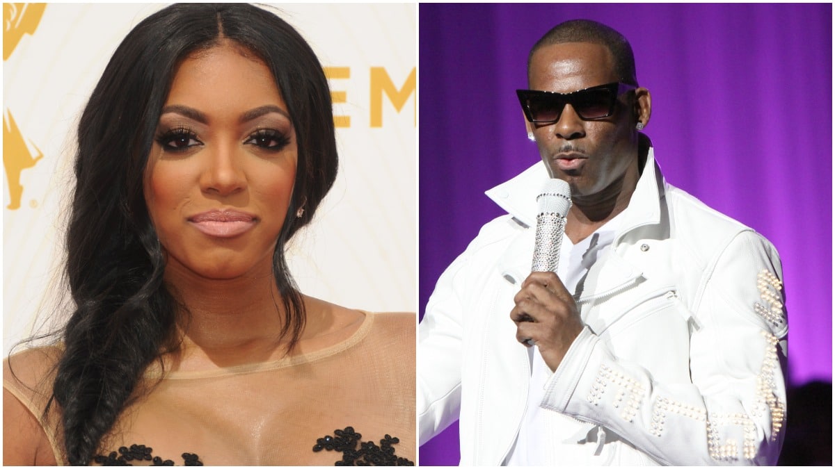 A side-by-side photo of Porsha Williams at the Emmys and R. Kelly at a concert.