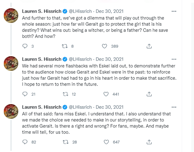 The Witcher's showrunner Lauren S. Hissrich discusses Eskel on Twitter