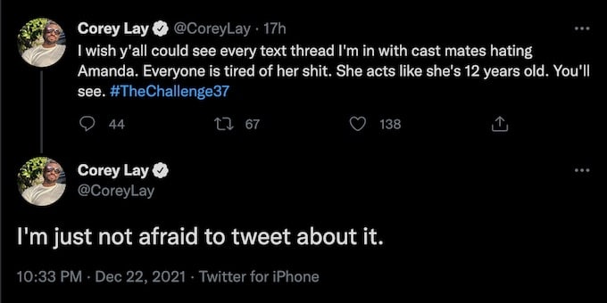 the challenge corey lay posts message about castmates hating amanda