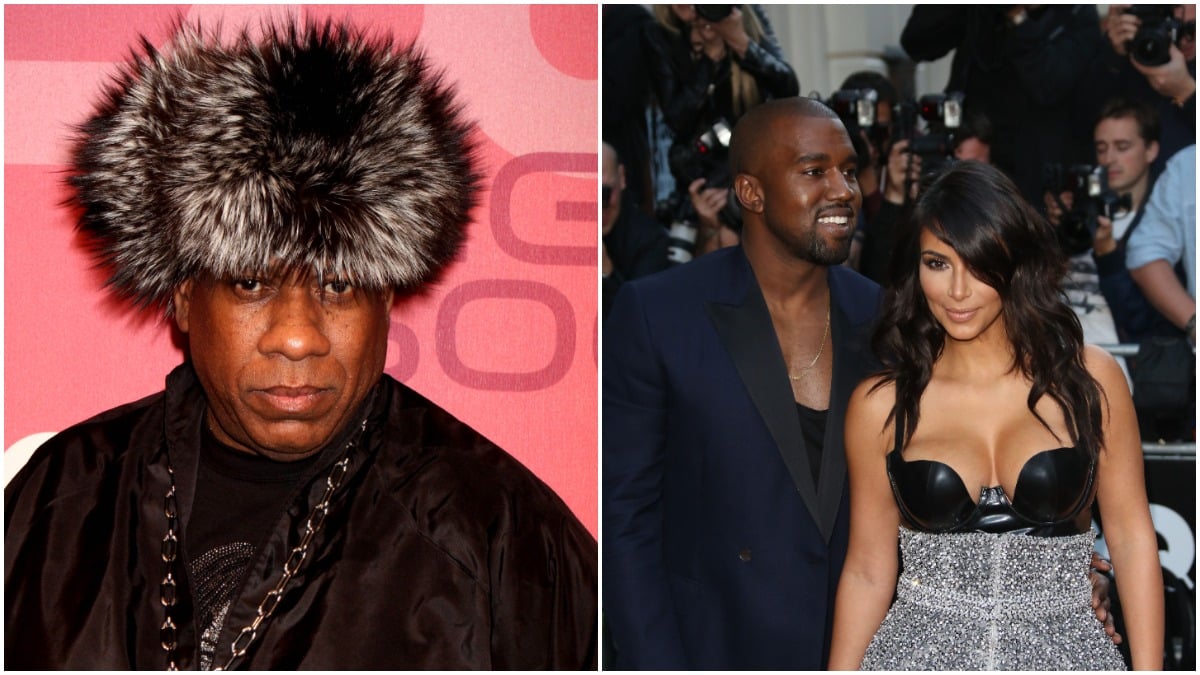 Andre Leon Talley wearing a fur hat and black top, Kanye West and Kim Kardashian wearing black and silver outfits.