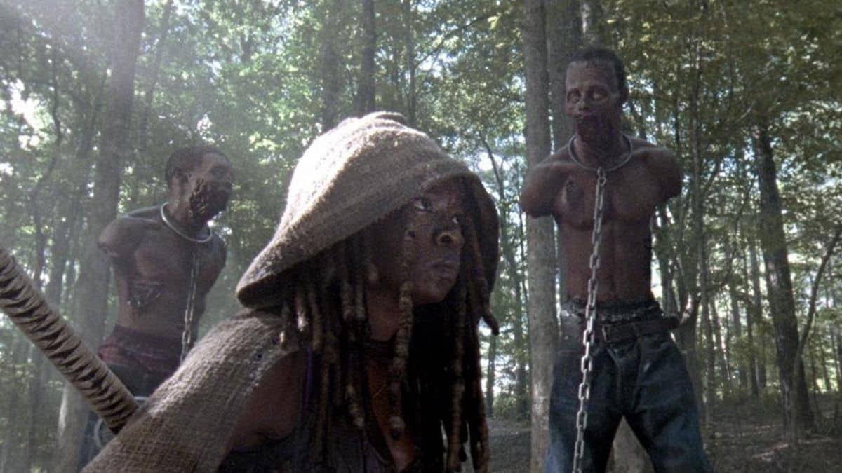 Danai Gurira as Michonne and Moses J. Moseley as Walker Mike, as seen in AMC's The Walking Dead