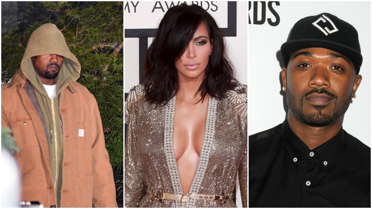 Kanye West, Kim Kardashian, and Ray J posing at three separate events.
